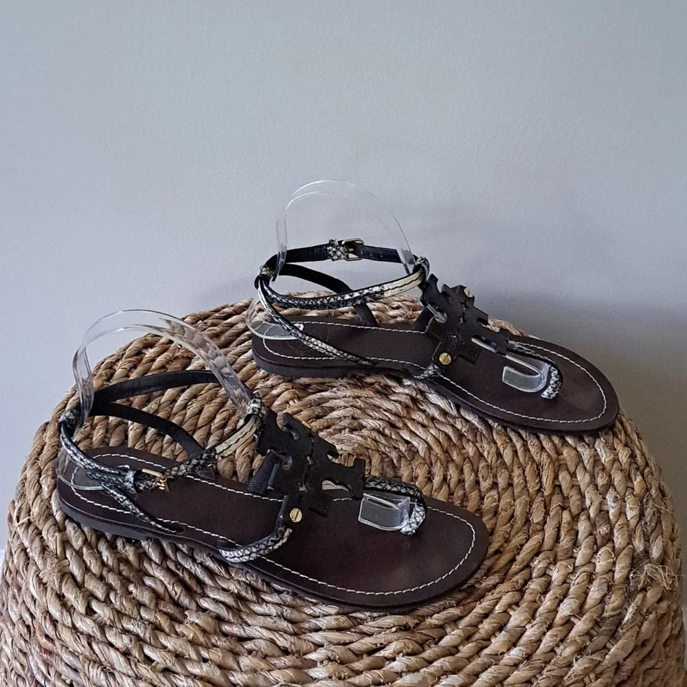 Tory Burch Womens Chandler Snakeskin‎ Print Leather Slingback Flat Sandals S-7.5